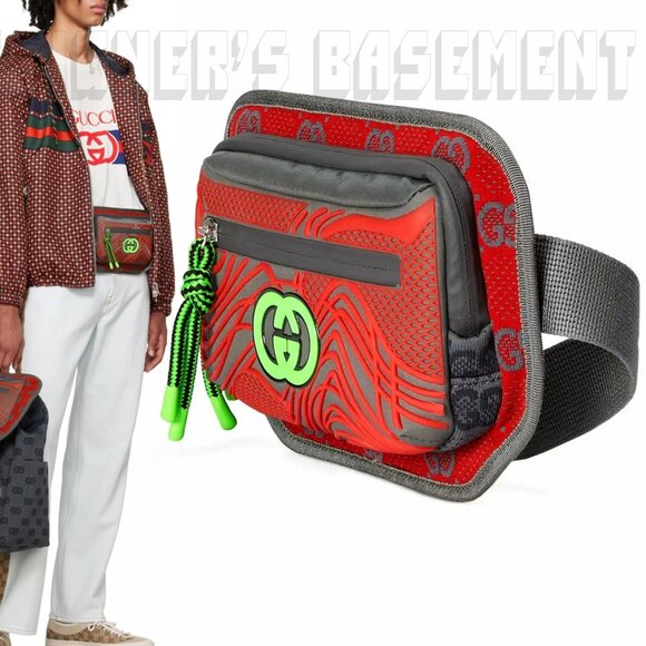 GUCCI gray red green GG nylon/rubber zip Crossbody 100 Waist Fanny belt BUM bag - Picture 1 of 10